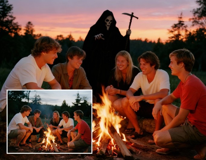 心霊写真合成素材焚き火の周りの人々と死神