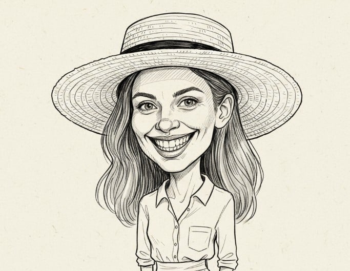 A line art sketch caricature of a woman wearing a hat