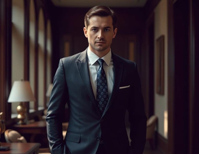 A man in a dark suit with a patterned tie standing in a room