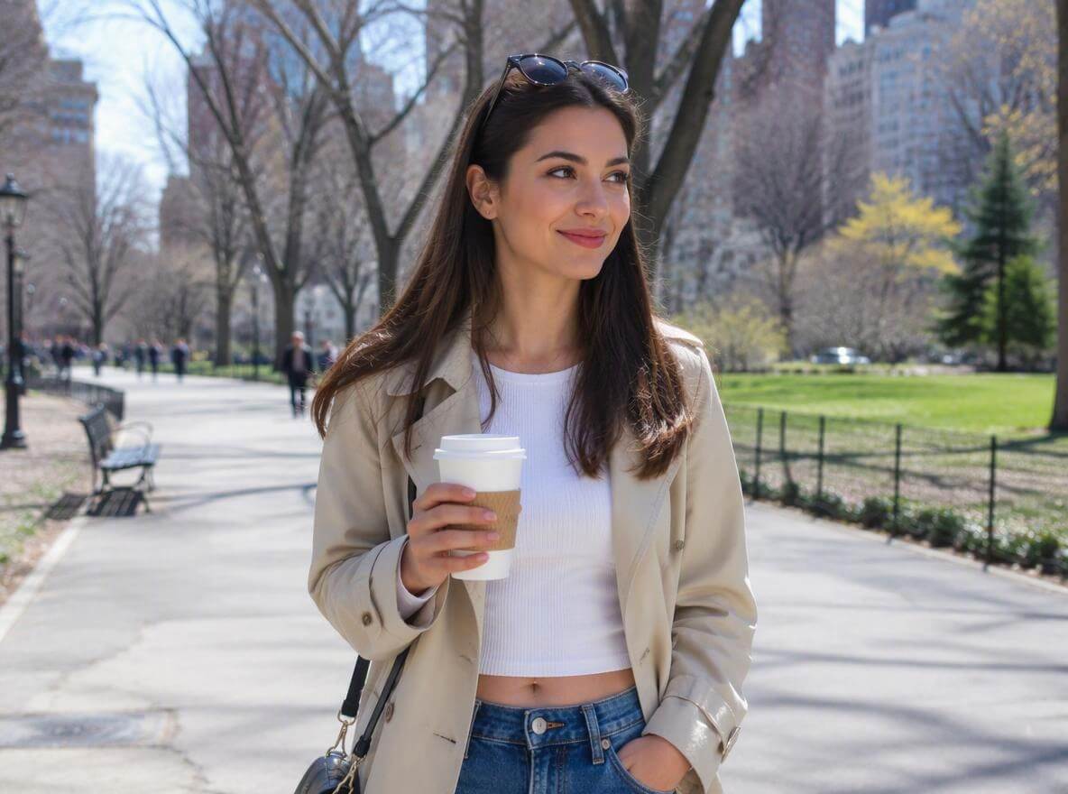 A natural everyday makeup look on a woman in a casual outdoor setting