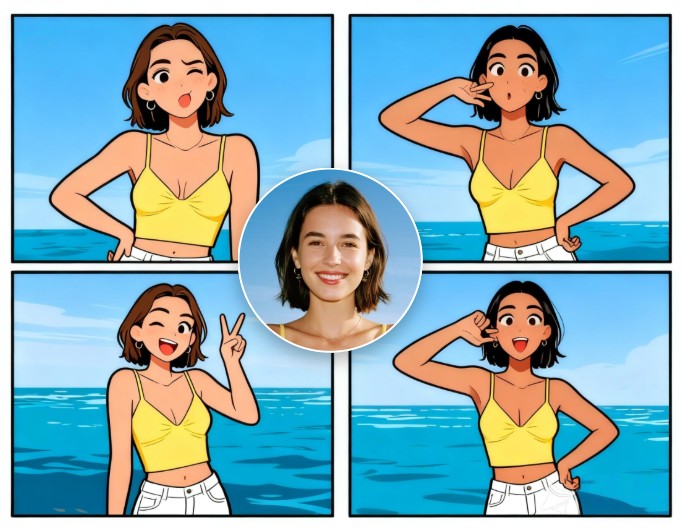 A photo grid for a young woman with different facial expressions