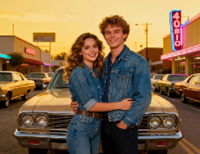 A photo in american 80s style of a couple holding each other