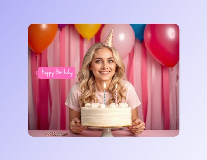 A photo of a blond lady celebrating her birthday with a tag watermark