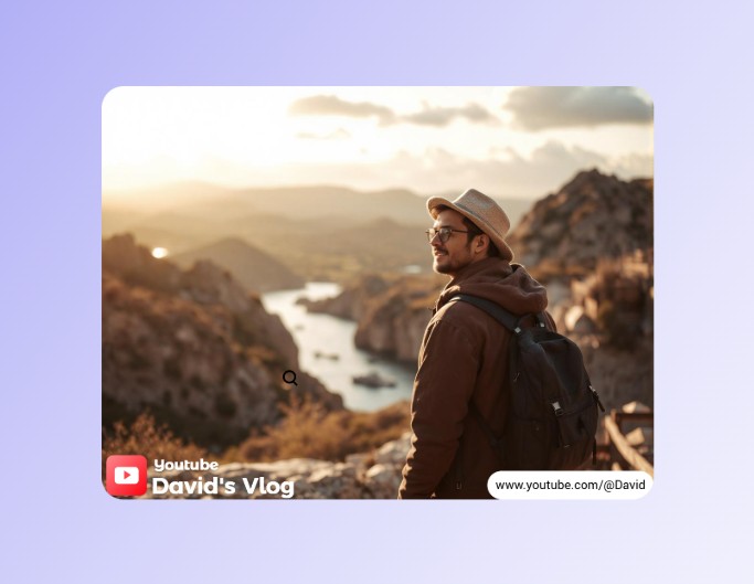 A photo of a male vlogger standing againts of a monut view with two watermarks showing his yt channel and website