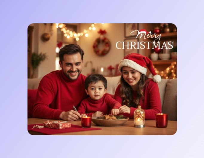 A photo of a three member family celebrating christmas with a christmas watermark