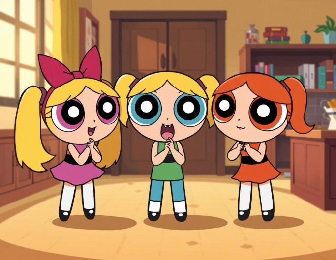 A powerpuff group photo featuring three powerpuff girls
