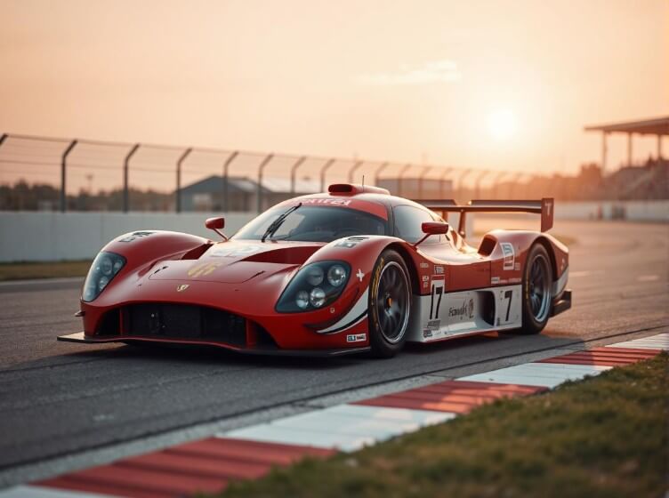 use fotor ai car designer to build a red race car running on the runway at dusk