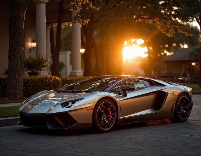 A silver luxury car pared by the road at dusk generated in fotor