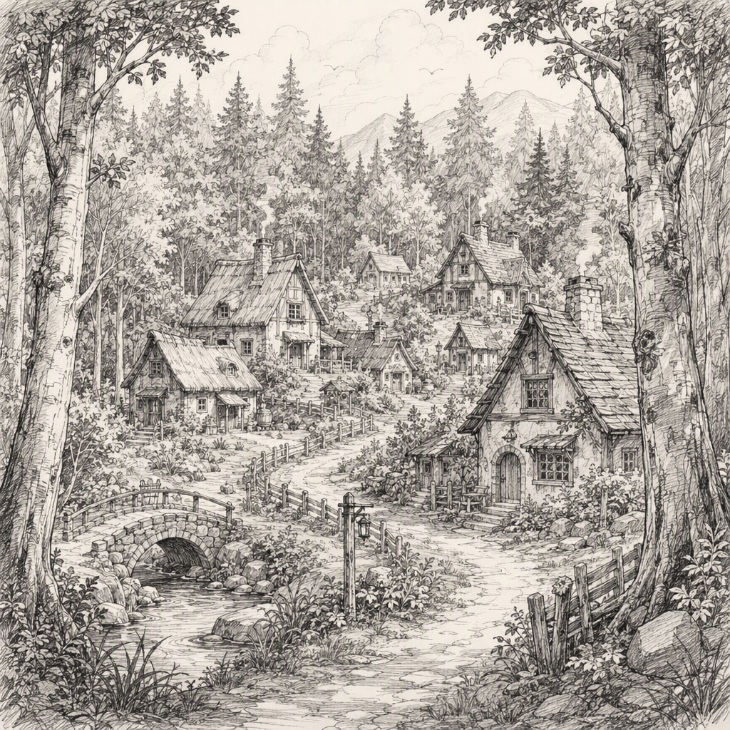 A sketch of a village in a forest