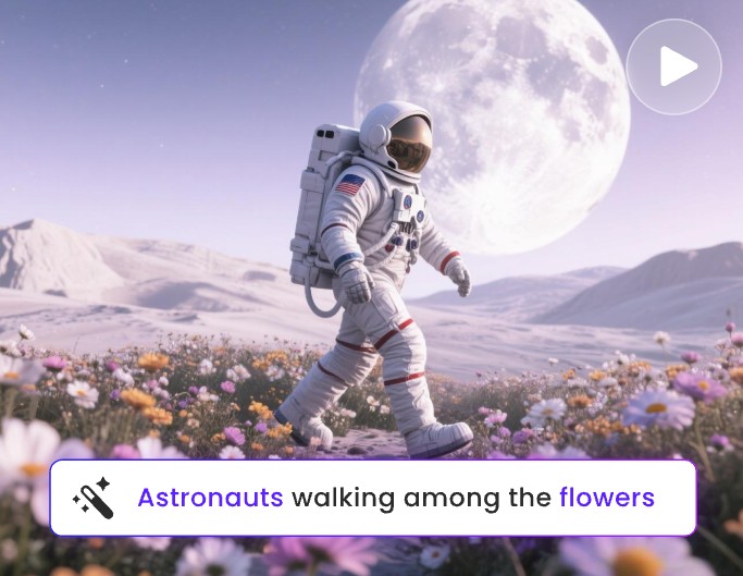 Une vidéo d'un astronaute marchant parmi les fleurs générée par IA de Fotor