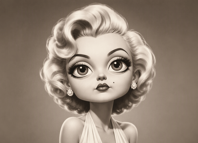 A vintage caricature character of a female celebrity