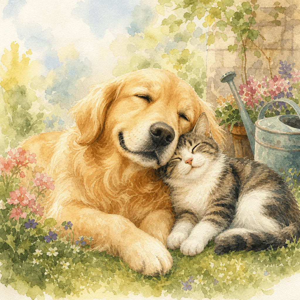 A watercolor painting of a dog and a cat