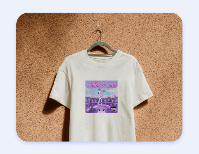 A white t shirt mockup with a parental advisory album cover