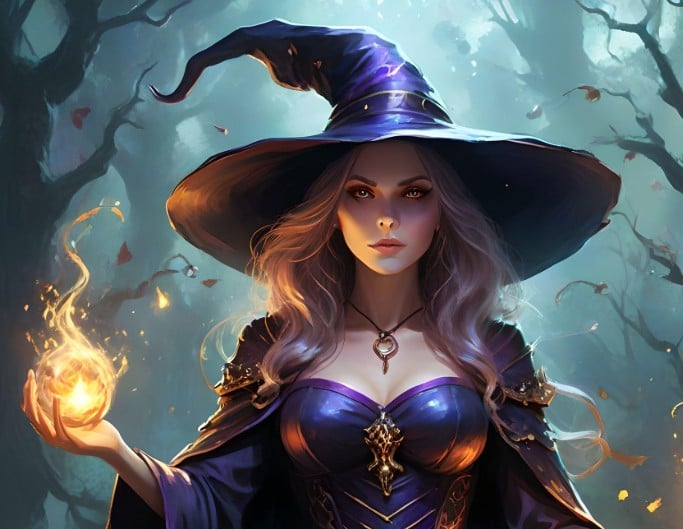 A witch wearing a purple robe holding a fireball