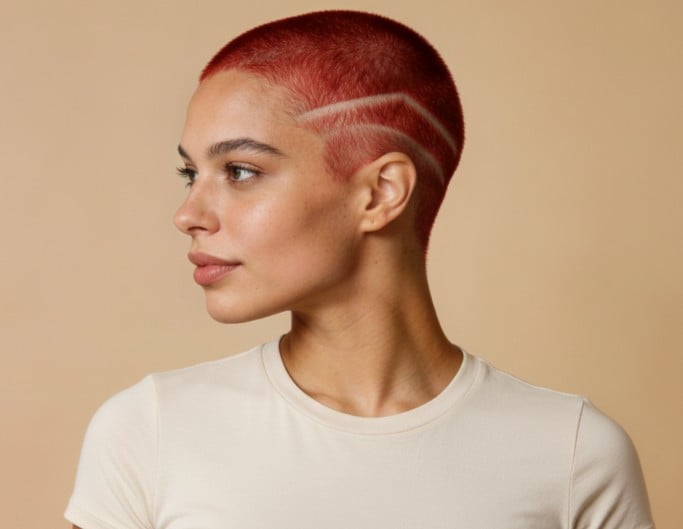 赤いテクスチャード・バズカットの女性