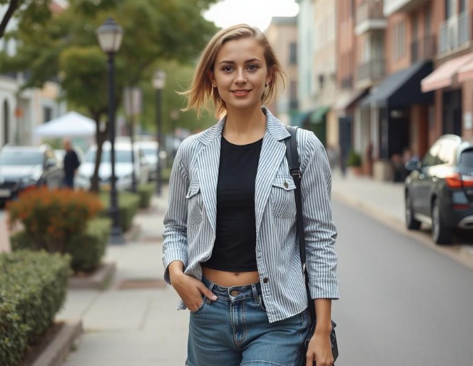 A young woman with a striped jacket and jeans standing on a city street
