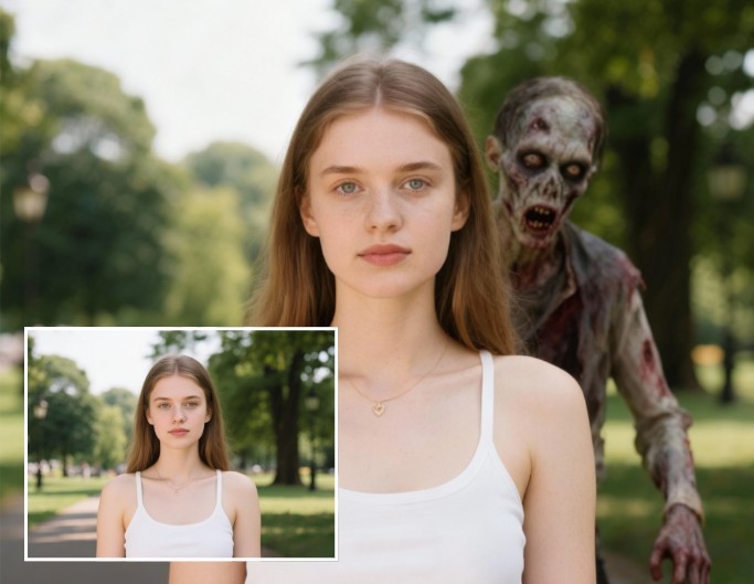 心霊写真合成女の子の肖像に恐ろしいゾンビを追加