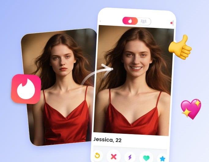 Add a smile to a photo of a woman in red and use it for a dating app