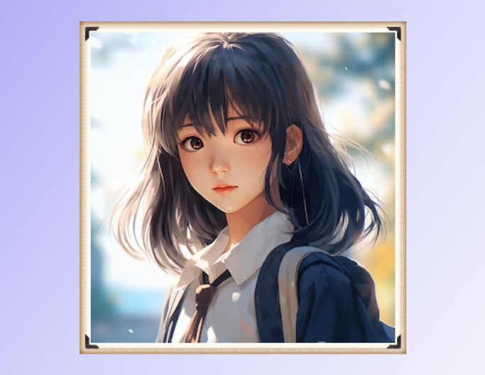Add classy border to a photo of an anime girl with long black hair