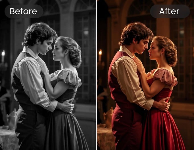 Add color to old film featuring a hugging couple