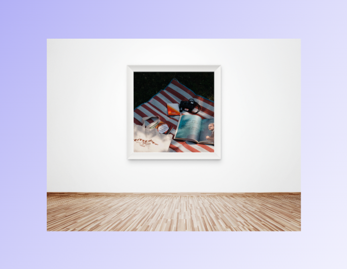 Add scene border to a photo of a picnic view in the mockup scenario of an exhibition