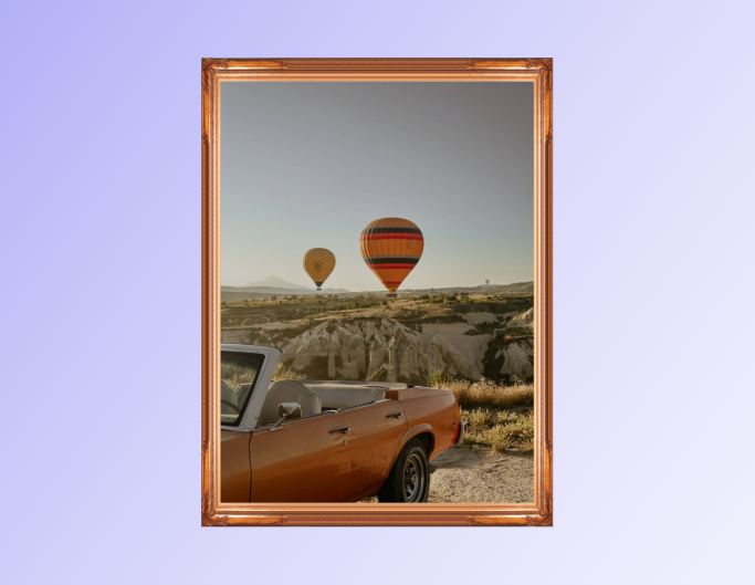 Add wooden border to a photo of a car in front of a hot ballon view