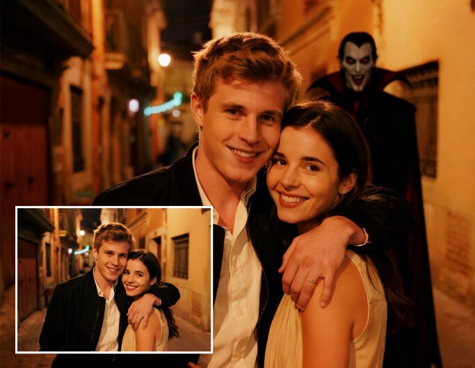 ハロウィン心霊写真夜のカップル写真に不気味な要素を追加