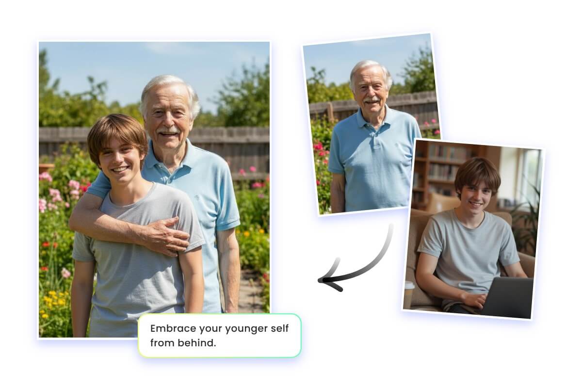 Adjust the prompts to customize the actions in a hug my younger self image