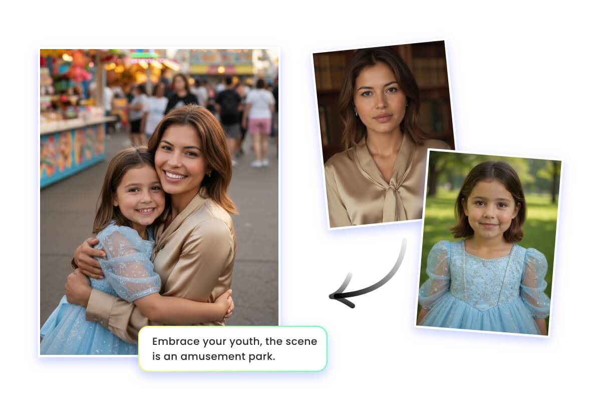 Adjust the prompts to customize the background of a hug my younger self image