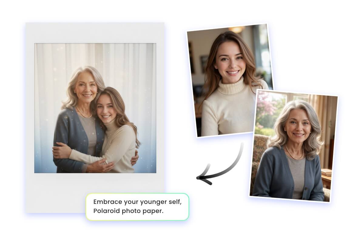 Adjust the prompts to customize the effects of a hug my younger self image