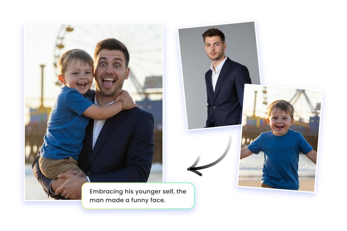 Adjust the prompts to customize the expressions of a hug my younger self image