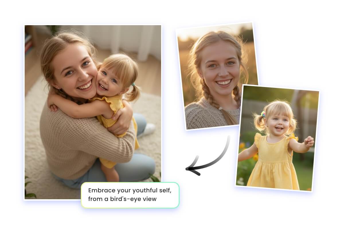 Adjust the prompts to customize the perspective of a hug my younger self image