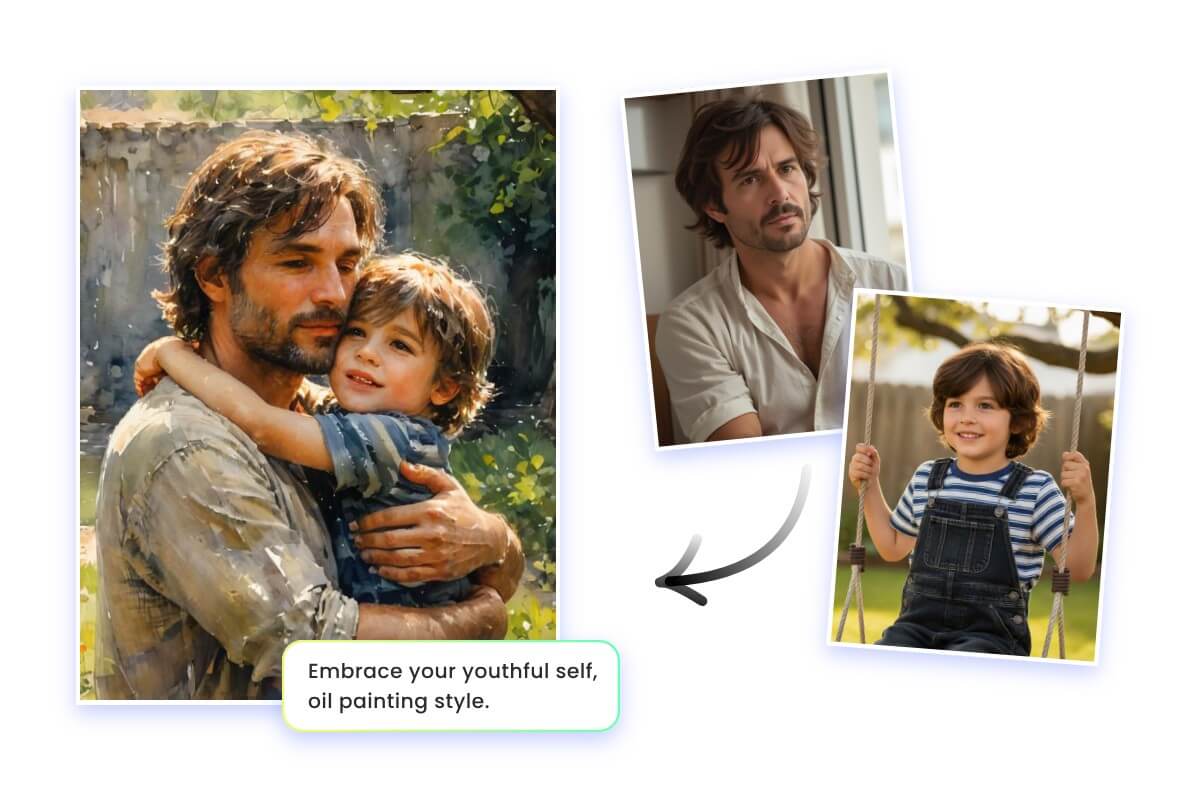 Adjust the prompts to customize the style of a hug my younger self image