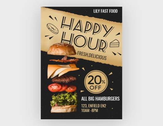 Download Burger house fast food meal advertising poster with rays and  lettering inscription. Delicious ham… | Banner template design, Menu  restaurant, Banner design