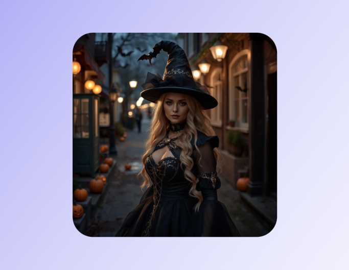 Aesthetic halloween picture showing a woman in a black halloween gown and hat