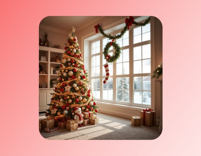 Ai christmas design photo featuring a decorated christmas tree in a house by fotor ai christmas photo generator
