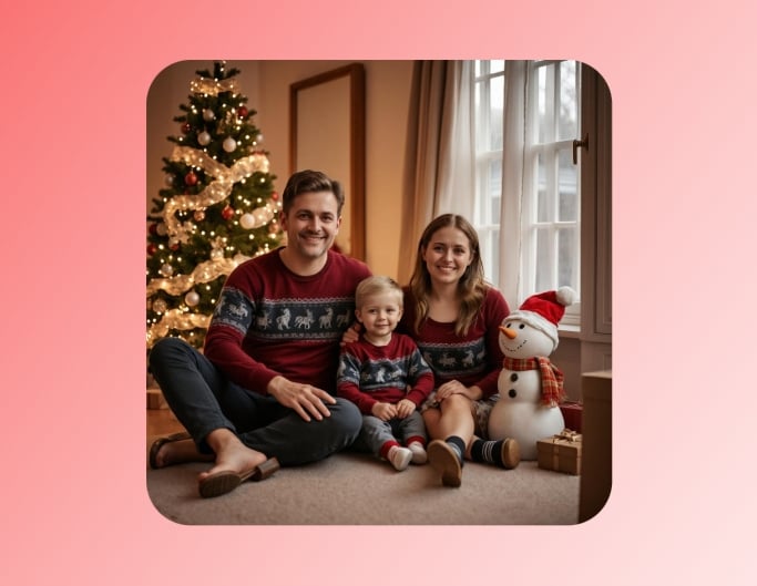 Ai family christmas photo featuring a three people family wearing christmas sweaters by fotor ai christmas photo generator