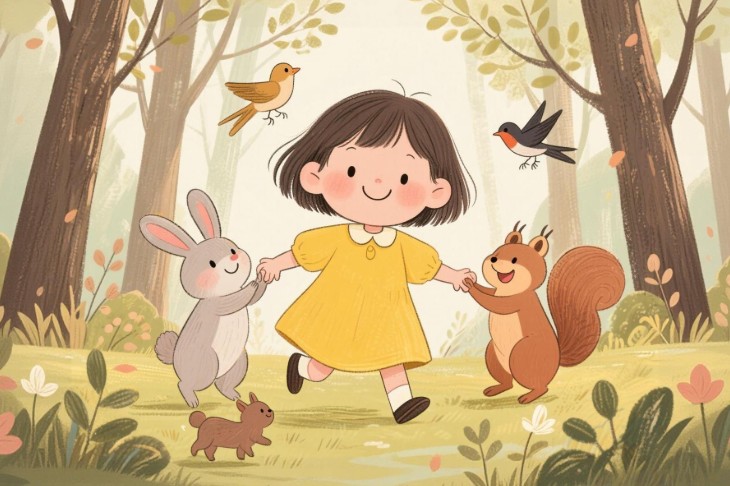 aiイラストメーカーで描かれた森で走る黄色いワンピースの女の子のイラスト