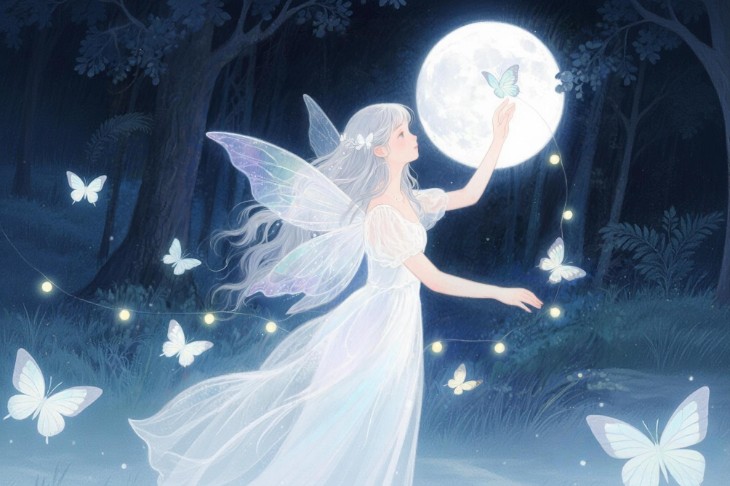 aiイラストメーカーで作成された月明かりの森に舞う妖精のイラスト