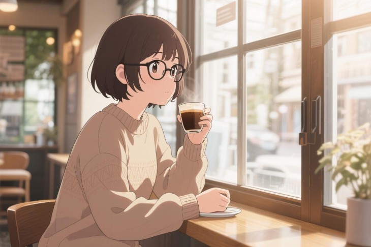 aiイラストメーカーで作成された窓辺のカフェでコーヒーを飲む女性のイラスト