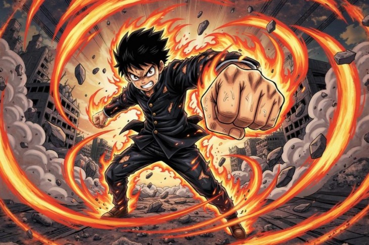 aiイラストメーカーによる炎の輪の中で拳を突き出す若者のイラスト