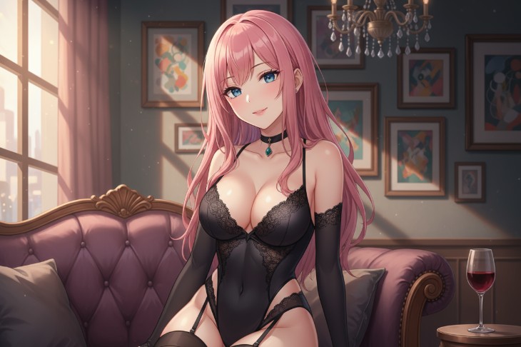 aiイラストメーカーによるソファに座るピンク色の長い髪の女性のイラスト