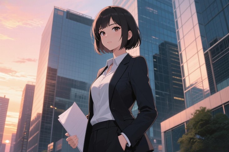 aiイラストメーカーによる夕焼けのビジネス街に佇む女性のイラスト