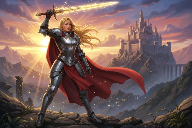 aiイラストメーカーで作成された金色の長劍を掲げる銀色の鎧の女性戦士の勇ましいイラスト