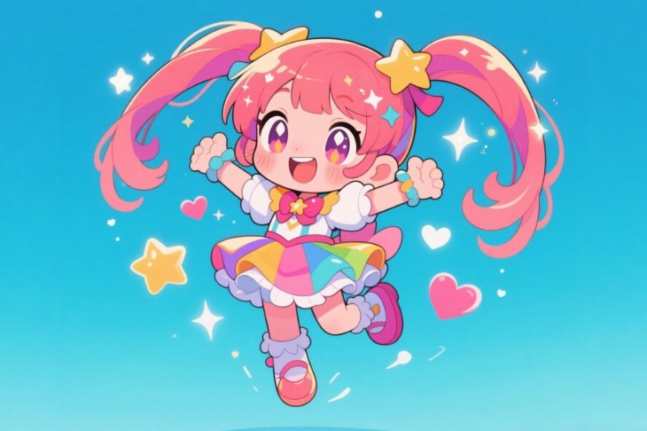 aiイラストメーカーで作成されたジャンプするピンクのツインテールの女の子のイラスト