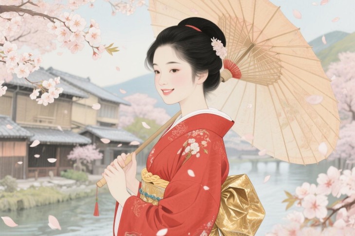 aiイラストメーカーによる桜散る和風の街で傘をさす赤い着物の女性の優雅なイラスト