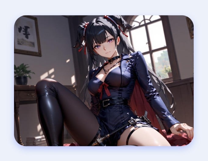 ツインテールで黒革の衣装を着たセクシーなAI嫁が日光の差し込む部屋に座っているイラスト