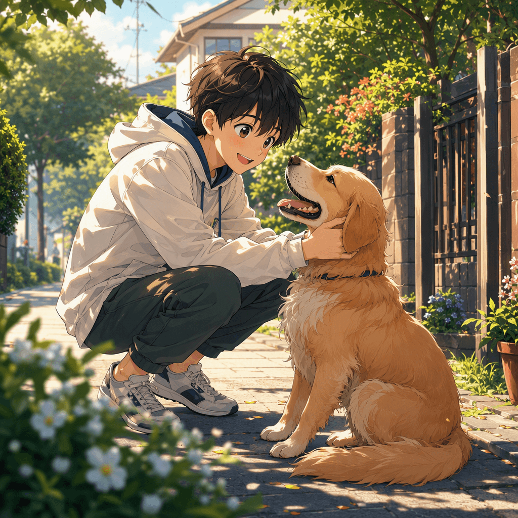 An anime of a boy with a dog
