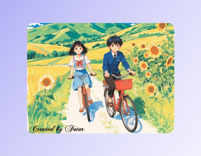 An anime photo of a boy and a girl with a signature watermark created by fotor