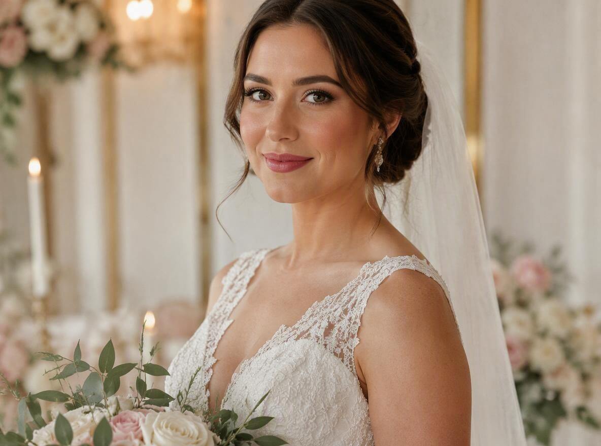 An elegant bridal makeup look on a woman wearing a wedding dress